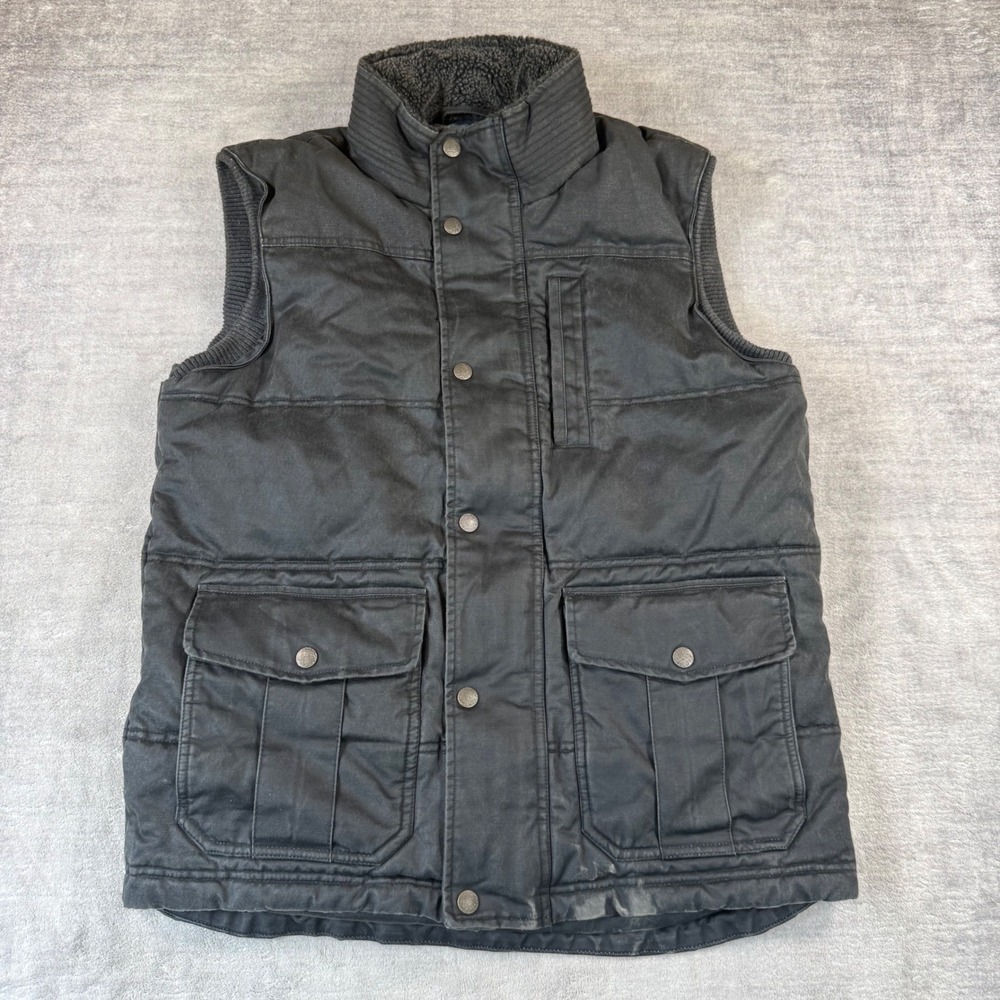 FatFace Vest Men Medium Charcoal Gray Sherpa Plaid Lined Utility Workwear